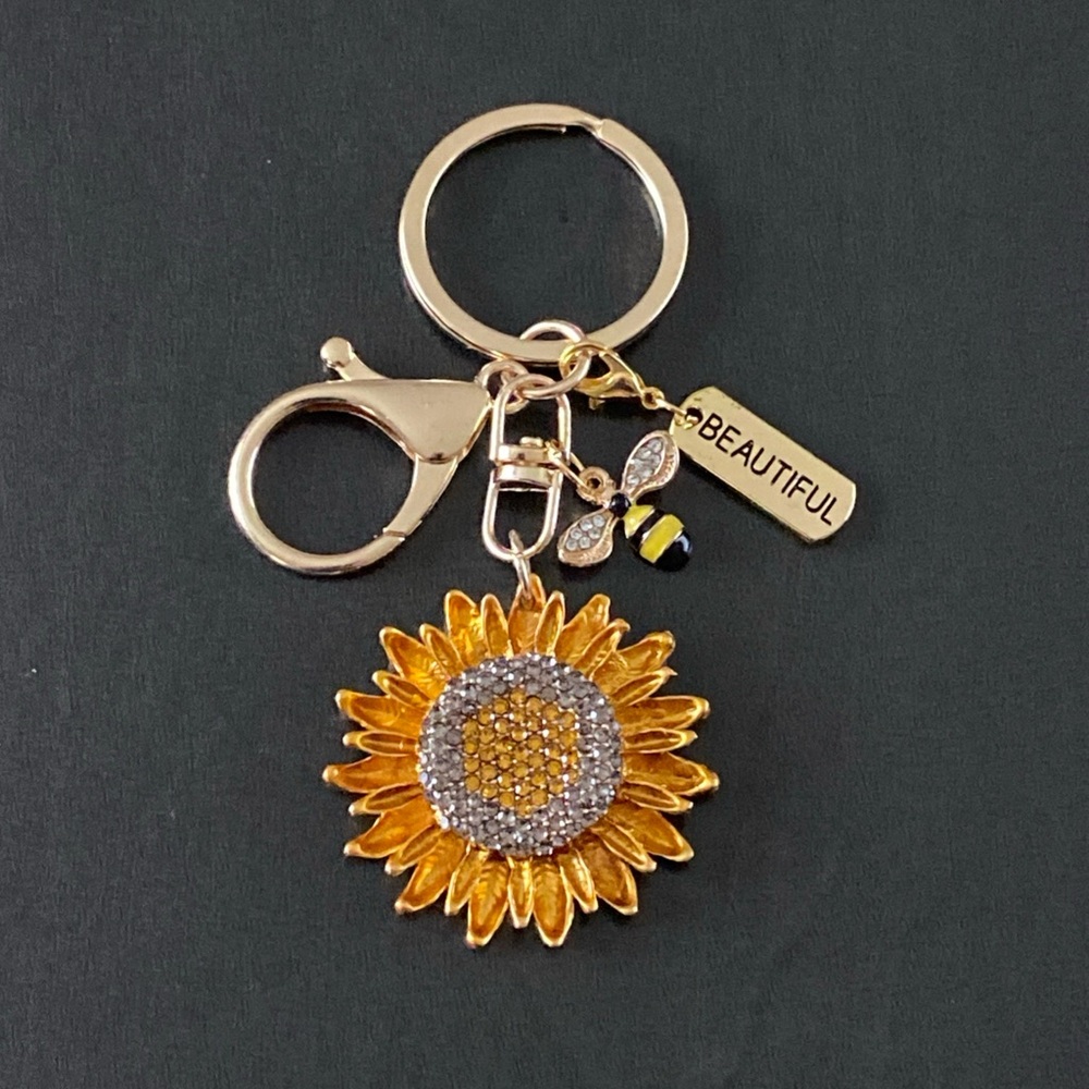 Rhinestone Orange Sunflower Yellow Bee Beautiful Charm  Gold Keychain Keyring